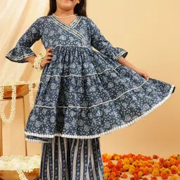 Sangria Girls Floral Printed Pure Cotton Anarkali Kurta With Sharara-image-91