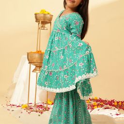 Sangria Girls Printed Tiered Gotta Patti Kurta With Trouser & Dupatta-picture-54