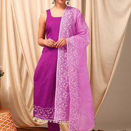 Inddus Women Floral Embroidered Regular Thread Work Kurta with Trousers & With Dupatta-picture-29
