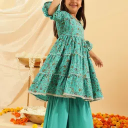 Sangria Girls Floral Printed Pure Cotton Anarkali Kurta With Sharara-image-87