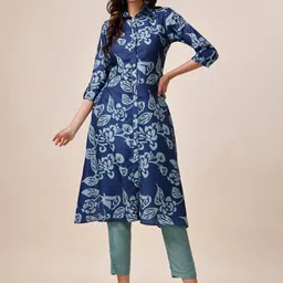 Inddus Blue Floral Printed Shirt Collar A-Line Kurta With Trousers-10