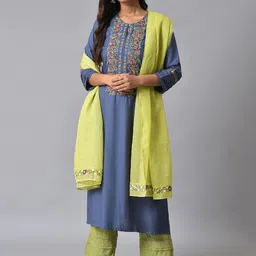 W Floral Thread Work Straight Kurta with Trousers & Dupatta-picture-26