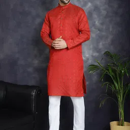 Jompers Geometric Woven Design Mandarin Collar Straight Kurta With Pyjama-picture-15