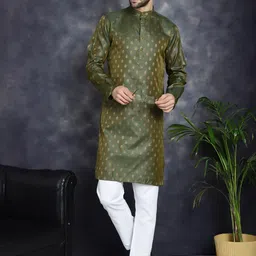 Jompers Ethnic Motifs Woven Design Mandarin Collar Zari Straight Kurta With Pyjama-51