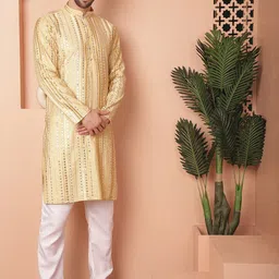 Jompers Geometric Embroidered Mirror Work Straight Kurta with Trousers-8