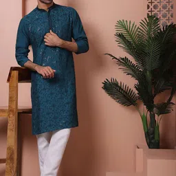 Jompers Floral Embroidered Mandarin Collar Long Sleeves Sequinned Kurta with Pyjamas-picture-26