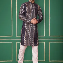 Jompers Embroidered Mandarin Collar Mirror Work Kurta with Pyjamas-91