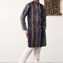 Jompers Mandarin Collar Embroidered Regular Mirror Work Straight Kurta with Pyjamas-picture-13
