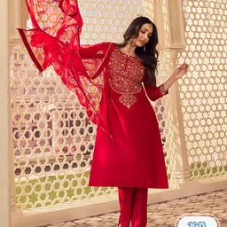 Inddus Floral Sequinned Yoke Design Regular Pure Silk Kurta With Trousers & Dupatta-picture-13