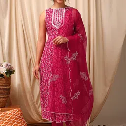 Inddus Women Floral Printed Layered Thread Work Kurta with Trousers & With Dupatta-picture-22