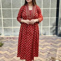 Vijaylaxmi Floral Printed Notch Neck Pleated Pure Cotton A-Line Kurta With Trouser-17