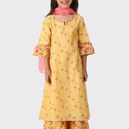 Fabindia Girls Yellow Floral Printed Kurta with Trousers & With Dupatta-image-20