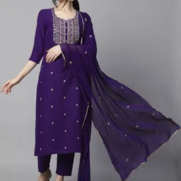 KALINI Floral Embroidered Regular Thread Work Kurta with Trouser & Dupatta-picture-1