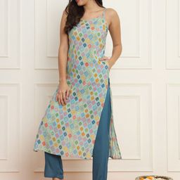 Meeranshi Shoulder Straps Sleeveless Ethnic Motifs Printed Pure Silk Kurta with Trouser-6
