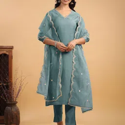 Janasya Women Regular Gotta Patti Chanderi Silk Kurta with Trousers & With Dupatta-14
