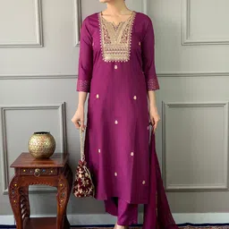 KALINI Ethnic Motifs Embroidered Notched Neck Thread Work Kurta ,Trousers & Dupatta-image-93