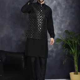 Anouk Black Floral Embroidered Sequinned Mandarin Collar Kurta With Trousers-32