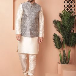 Anouk Mandarin Collar Woven Design Nehru Jacket With Kurta & Pyjama-7