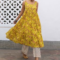 Janasya Floral Printed Empire Pure Cotton Anarkali Kurta with Trousers image 3