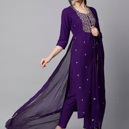 KALINI Floral Embroidered Regular Thread Work Kurta with Trouser & Dupatta image 2