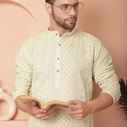 Jompers Paisley Embroidered Mandarin Collar Chikankari Kurta With Pyjamas-image-95