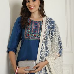 Anouk Blue Floral Yoke Design Thread Work Kurta With Trousers & Dupatta-image-56