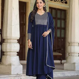 AHIKA Navy Blue Ethnic Motifs Embroidered Sequined Anarkali Kurta & Trousers With Dupatta-27