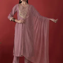 Anouk Ethnic Motifs Embroidered Pleated Sequinned Straight Kurta With Trousers & Dupatta-11