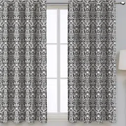 Airwill Grey & White 2 Pcs Floral Room Darkening Cotton Window Curtain-image-45