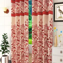 Homefab India Maroon & Beige Set of 2 Floral Long Door Curtain-25