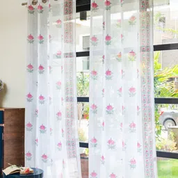 URBAN SPACE White & Pink 2 Pieces Floral Printed Sheer Long Door Curtains-image-58
