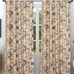EasyGoods Green & Brown 2 Pieces Floral Printed Black Out Cotton Long Door Curtains-10