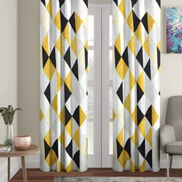 Aura White & Yellow 2 Pieces Geometric Printed Eyelet Long Door Curtains-image-86