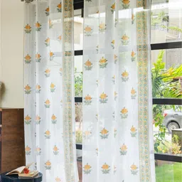 URBAN SPACE White & Yellow 2 Pieces Floral Sheer Window Curtains-19