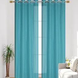 Aura Turquoise Blue 2 Pieces Self Design Sheer Window Curtains-image-16