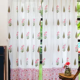 URBAN SPACE 2 Pcs White & Pink Ethnic Motifs Cotton Window Curtain-image-2