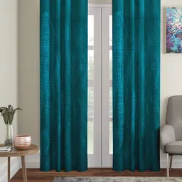 Cortina Teal Green Set of 2 Polka Dots Embossed Plain Polyester Long Door Curtains-8