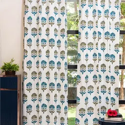 URBAN SPACE White & Blue 2 Pieces Floral Printed Door Curtains-image-93