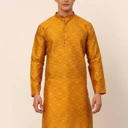 Jompers Men Mustard Yellow Ethnic Motifs Thread Work Floral Jacquard Kurta-40