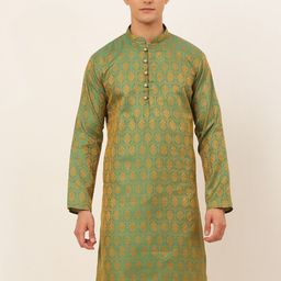 Jompers Men Green & Gold Woven Design Thread Work Jacquard Kurta-picture-26
