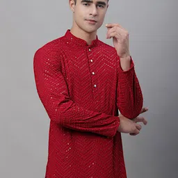 Jompers Ethnic Motif Embroidered Mandarin Collar Sequinned Pure Cotton Kurta-image-42