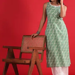 Indo Era Geometric Printed Round Neck Sleeveless Gotta Patti Cotton Straight Kurta-image-5