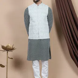 Anouk Floral Embroidered Pure Cotton Straight Kurta With Churidar & Nehru Jacket-22