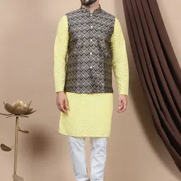 Anouk Floral Embroidered Pure Cotton Straight Kurta With Churidar & Nehru Jacket-21