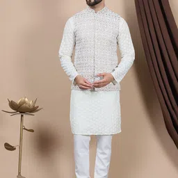 Anouk Cream Coloured Floral Embroidered Straight Thread Work Pure Cotton Kurta & Churidar-picture-32