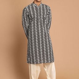 VASTRAMAY Men Black Embroidered Chikankari Pure Cotton Kurta with Patiala-30
