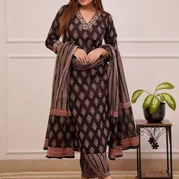 Vaimiya Floral Printed Pure Cotton Straight Kurta & Dhoti Pants With Dupatta-picture-33