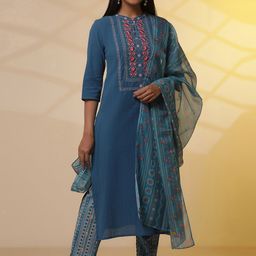 AURELIA Floral Embroidered Mandarin Collar Thread Work Kurta with Trousers & Dupatta-image-59