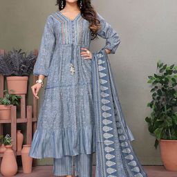Rangita Ethnic Motifs Printed Mirror Work V Neck Tiered Kurta With Trousers And Dupatta-image-5