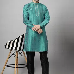 Utsav Fashion Men Yoke Design Pleated Mirror Work Dupion Silk Kurta with Trousers-picture-43
